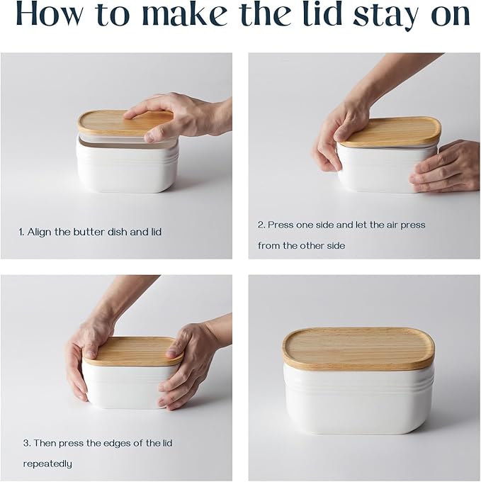 DOWAN Ceramic Butter Dish, Extra Large Butter Keeper for Countertop or Fridge, Airtight Butter Container with Wooden Lid, Farmhouse Kitchen Decor and Accessories, Freezer Safe, Soft White