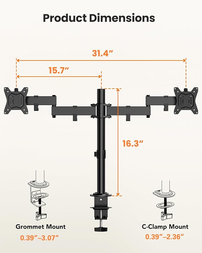 ErGear Dual Monitor Stand, Heavy-Duty Monitor Mount for 17″–32″ Monitors, Flexible Arms with Easy Dual-Monitor Alignment, Sturdy Stepped Arm Design for Superior Support, Supports 22 lbs per Arm