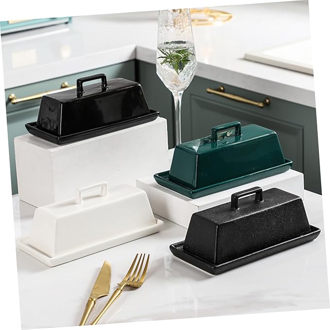 NUOBESTY Ceramic Butter Tray with Lid Multi-function Covered Butter Container for Kitchen Countertop Storage Airtight Green Glossy Suitable for Everyday Meals and Restaurant Use