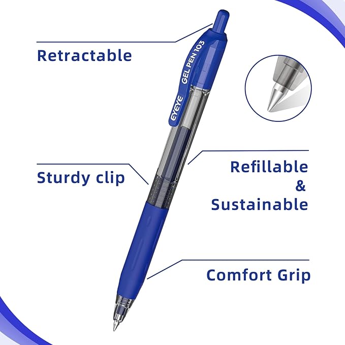 EYEYE G-103 Retractable Gel Pen 0.5mm, 50 Pack Extra Fine Point Blue Ink Pens Quick Drying, Ballpoint Pen Fine Point Smooth Writing Pens for for Office School Supplies