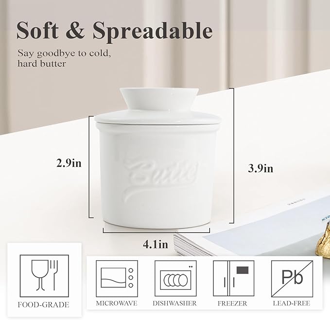 Butter Crock for Counter with Water, French Butter Keeper for Spreadable Butter Ceramic Butter Dish with Lid for Countertop, Butter Container Holder, Home Kitchen Decor (White, M)