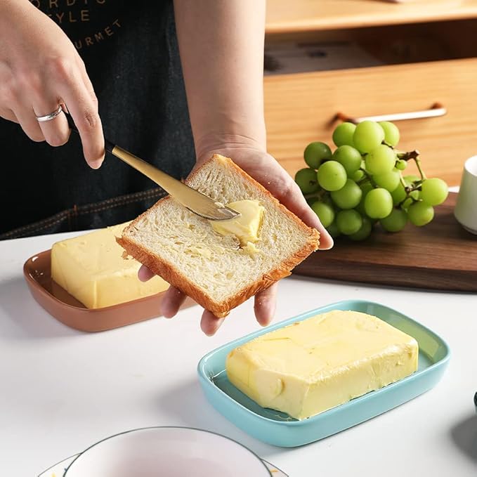 Sweejar Ceramic Butter Dish with Lid for Countertop,Porcelain Butter Keeper with Knob Handle,Butter Container for East/West Coast Butter, 7.1*3.7 inches (Red)