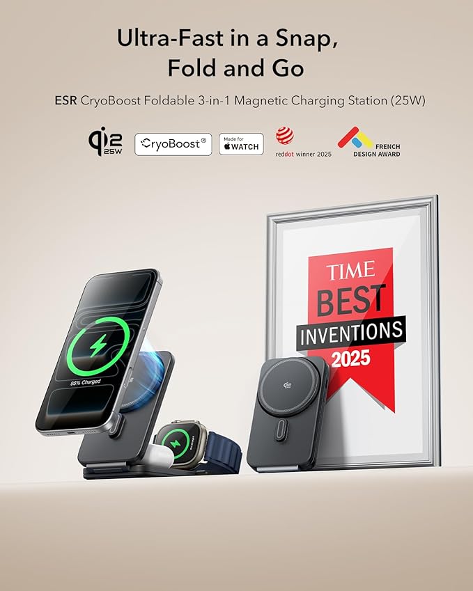 ESR 3 in 1 Charging Station for Apple, Qi2.2 25W MagSafe Charger with CryoBoost, Phone-Cooling Wireless Charging Station Foldable, for iPhone 17/16 with iOS 26(50W Adapter), AirPods, Apple Watch,Black