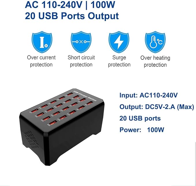 100W 20-Port Multi-Device USB Charging Station - Supports simultaneous Charging for Smartphones, Tablets, smartwatches and Other USB-Powered Devices.(20-Port Charging Station - Black)