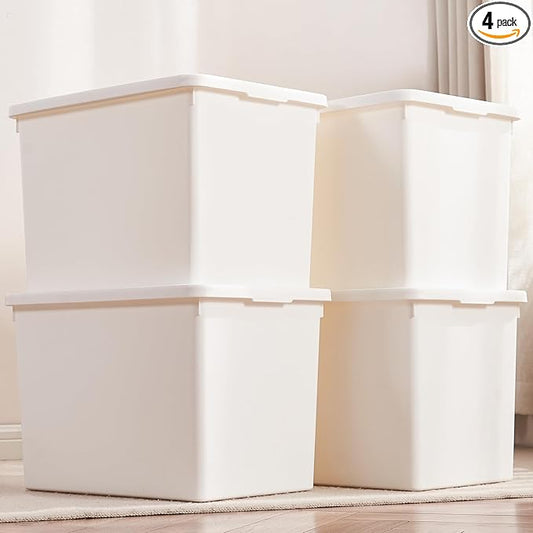 White Storage Bins with lids,Office stackable Plastic Boxes Set of 4,Garage organization Storage Box with handle for Organizing Snacks, Crafts, Legos, Tools,books (white, 4XXXL)