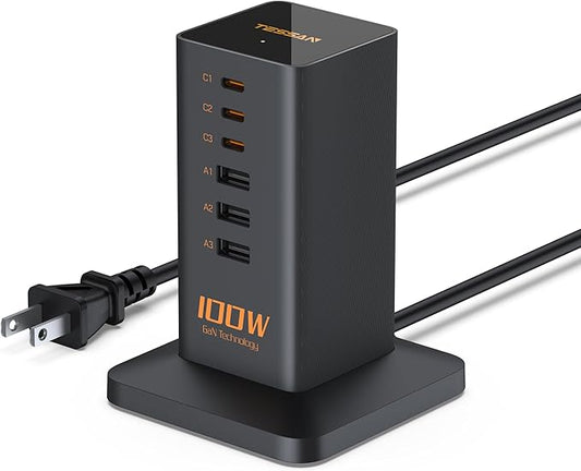 USB C Charger Blcok PD 100W, TESSAN 6-in-1 Charging Station for Multiple Devices, Desktop Tower Charger with 6 USB Ports for iPhone 17/16/15, MacBook, Tablet, Office Home Dorm Room Accessories