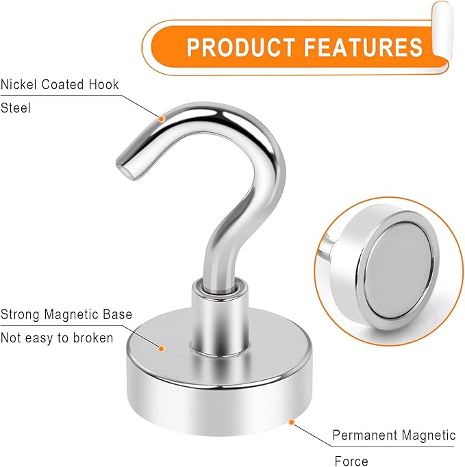 MIKEDE Magnetic Hooks Heavy Duty, 30Lbs Neodymium Magnets with Hooks for Refrigerator, 10Pcs Strong Cruise Hooks for Hanging, Magnetic Hanger for Grill, Toolbox, Storage