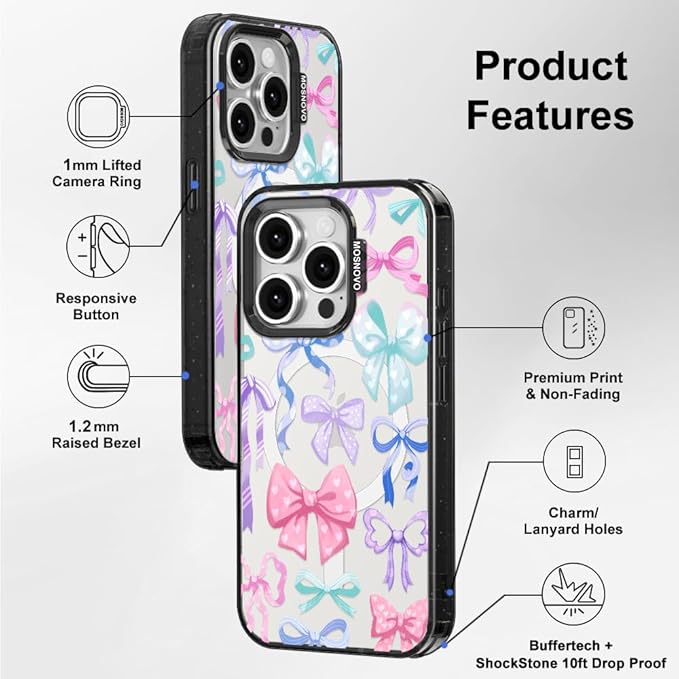 MOSNOVO Magnetic Case for iPhone 15 Pro, 10ft Military-Grade Protection, Compatible with Magsafe, Shockproof Phone Case for iPhone 15 Pro - Bows - Clear Black