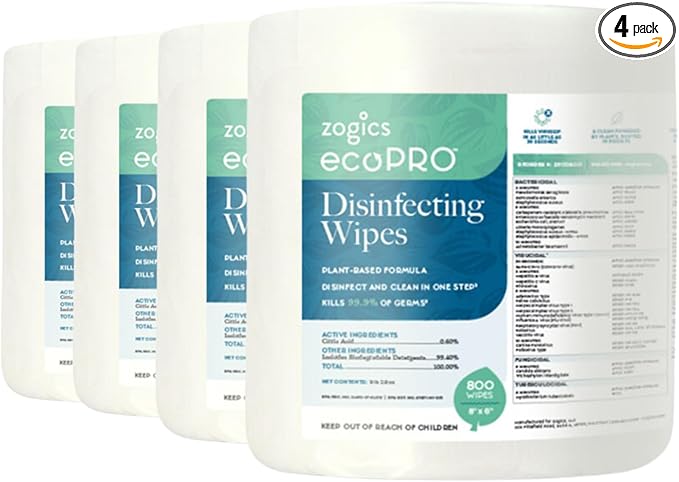 Zogics ecoPRO Plant-Based Disinfecting Wipes – Eco Friendly Wipes for Cleaning and Disinfecting Surfaces, Durable, Gentle, & Effective (Pack of 4)