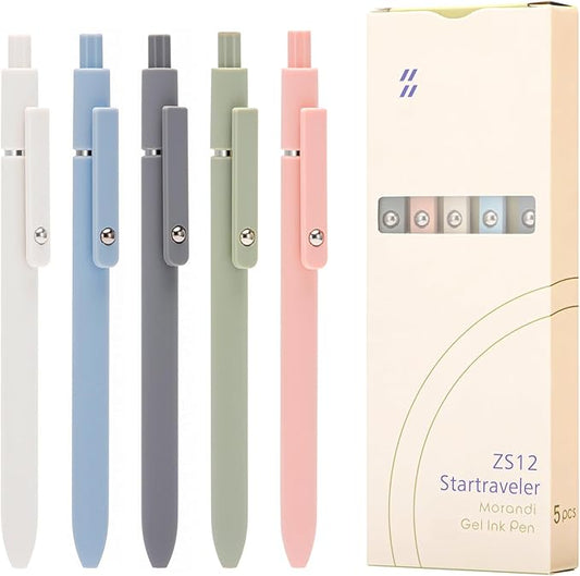 5PCS Retractable Gel Pens Set, Quick Dry Black Ink Fine Point Roller Ball Gel Ink Pen for Smooth Writing (Morandi Color)