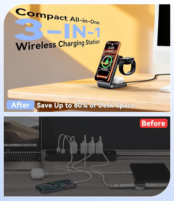 3-in-1 Charging Station for Multiple Devices Compatible with MagSafe Charger, Qi2.2 25W Magnetic Wireless Charger Dock, Foldable Charging Stand for iPhone 17 Pro Max, Apple Watch, AirPods