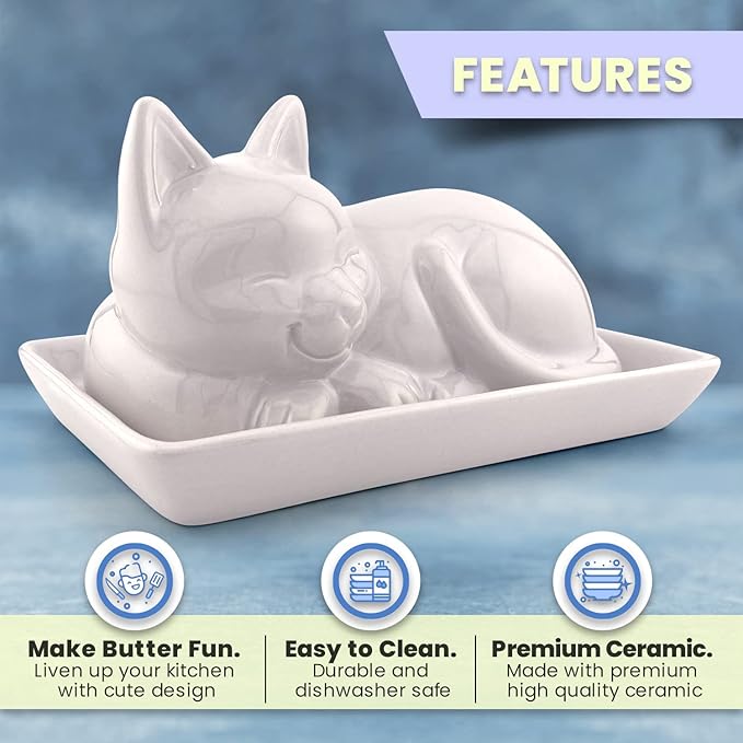 Adorable Cat Ceramic Butter Dish - Unique and Versatile Kitchen Accessory - Durable and Creative Way to Store and Serve Butter