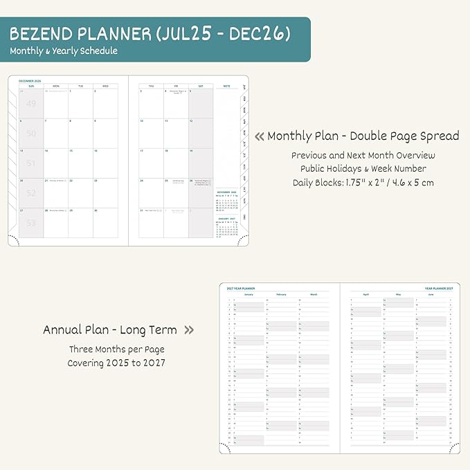BEZEND Planner 2025-2026 Weekly and Monthly, 8.5" x 11" Academic Calendar (Jul 25-Dec 26) Vertical Daily Appointment with Hourly Timeslot & Monthly Tab, PU Leather Hardcover - Blueberry