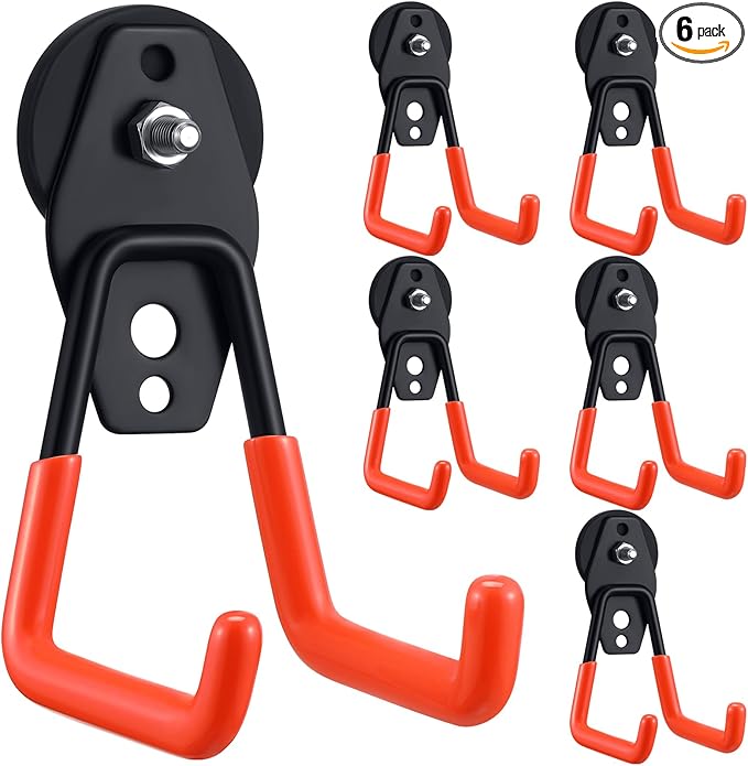 Landhoow Large Magnetic Hooks Heavy Duty Garage Magnet Hooks Strong Storage Utility Magnetic Hangers with Anti Slip Rubber Coating for Indoor and Outdoor Hanging(Orange,6 Pcs)