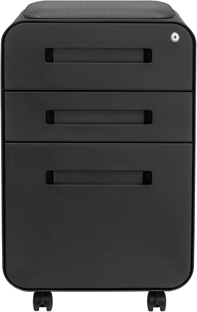 Laura Davidson Furniture STOCKPILE Curve Seated 3-Drawer Mobile File Cabinet with Removable Magnetic Cushion Seat - Metal Filing Cabinet, Pre-Assembled, Black with Dark Grey Cushion