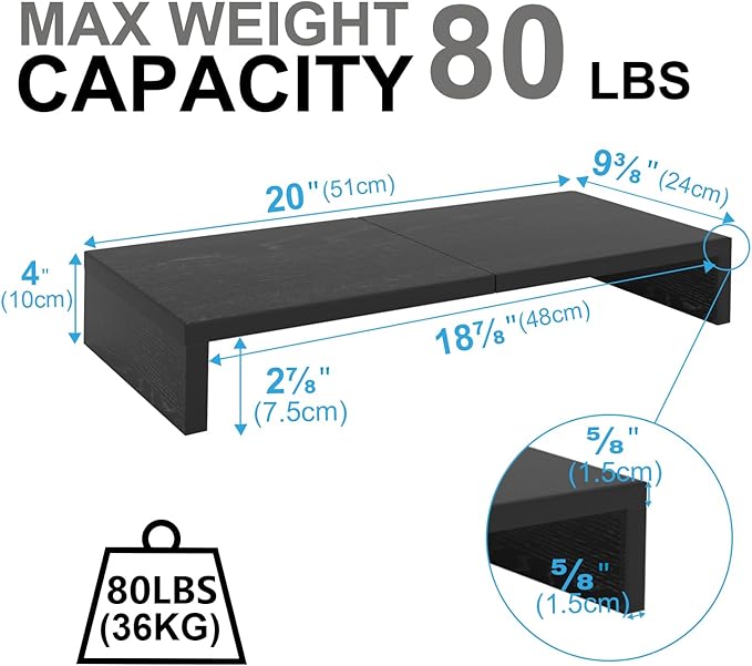 TEAMIX 2 Pack Monitor Stand Riser-20 inch, Black Desktop Stand for PC/TV/Laptop/Printer, Keyboard Shelf Organizer Wood Monitor Riser with Storage