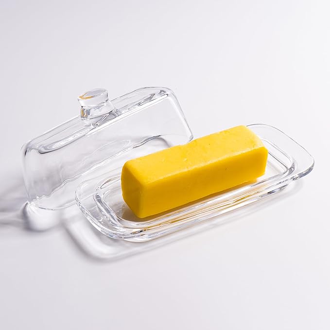 Glass Butter Dish with Cover, Clear Crystal Butter Holder Tray with Lid for Countertop Refrigerator