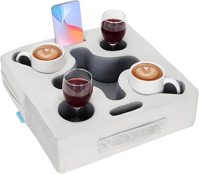 Couch Cup Holder-Sofa Cup Holder Pillow Tray Caddy Cupholder Hearted for Bed, Rv, Tv, Car, Man Cave, Backseat for Remote, Drinks, Snacks (Square-Silver Grey)