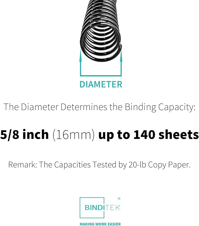 Binditek 50 Pack Plastic Spiral Binding Coils, 16mm(5/8"), 140 Sheet Capacity, 4:1 Pitch, Black, 48 Loops, for Letter Size, for Students and Coworkers
