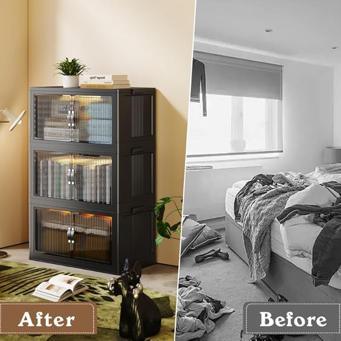 SAILUN 87Gal/348Qt Stackable Storage Bins Folding Collapsible Storage Bins with Lid, Closet Organizers and Storage, Black 26" W x 17" D x 43.7" H