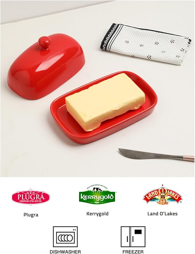 Sweejar Ceramic Butter Dish with Lid for Countertop,Porcelain Butter Keeper with Knob Handle,Butter Container for East/West Coast Butter, 7.1*3.7 inches (Red)