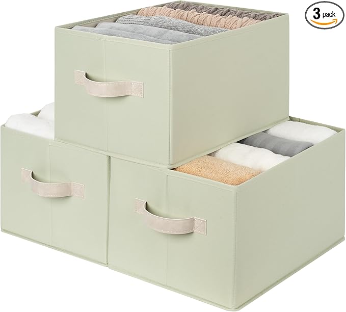 StorageWorks Storage Baskets for Shelves, Foldable Fabric Closet Storage Bins with Handles, Fabric Storage Bins Clothes Organizer, Light Green, 3-Pack, Large