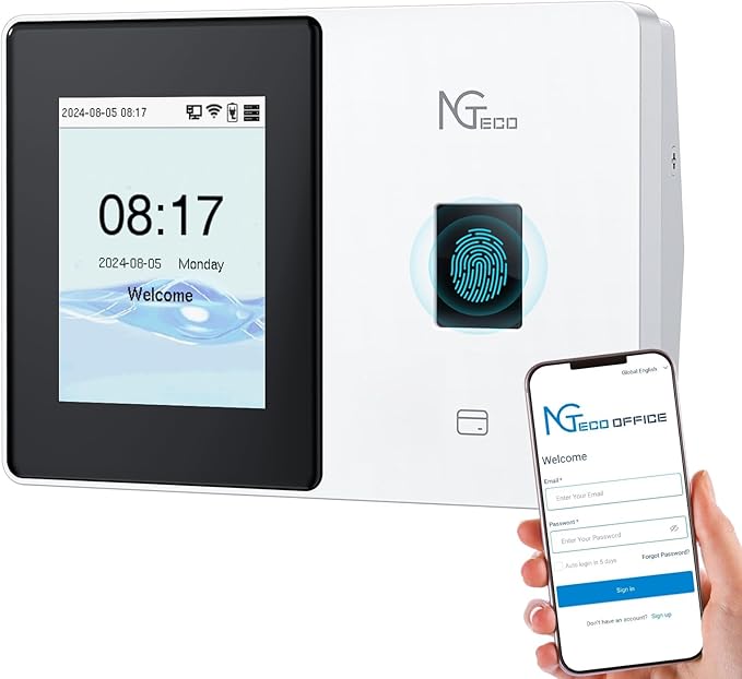 NGTeco Cloud Time Clock for Employees Small Business, Fingerprint+Card Time Clocks With Battery, 2.4G & 5G WiFi Times Clock Punch Machine with Remote Control Software ＆ iOS/Android App (0 Monthly Fee)