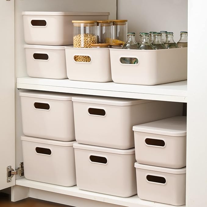 Plastic Storage Baskets With Lid Organizing Container Lidded Knit Storage Organizer Bins for Shelves Drawers Desktop Closet Playroom Classroom Office (4M+2S, Light grey)