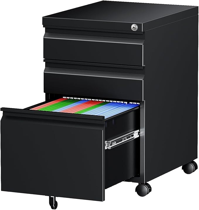 Letaya 3 Drawer Mobile File Cabinet with Lock, Under Desk Metal Rolling Filing Cabinets for Home Office Organizer Letters/Legal/A4 (Black- Requires Installation) (Black)