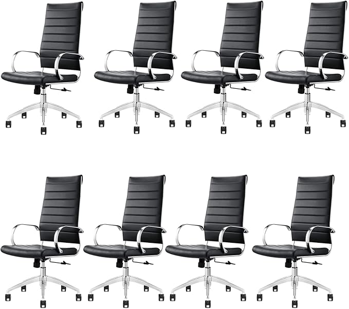 Ribbed High Back Conference Room Chairs - Lumbar Support, Modern Style Executive Chair for Home and Office - 360 Swivel Rolling Wheels - Aluminum Chrome Frame & Base - Black (Pack of 8)