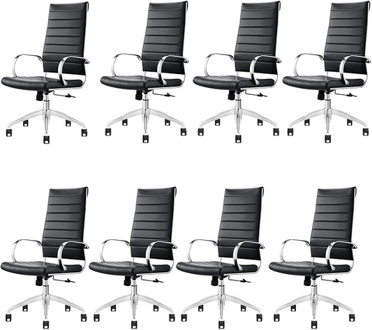 Ribbed High Back Conference Room Chairs - Lumbar Support, Modern Style Executive Chair for Home and Office - 360 Swivel Rolling Wheels - Aluminum Chrome Frame & Base - Black (Pack of 8)