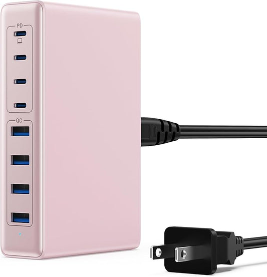 200W USB C Charger Block,GaN IV Charging Station 8 Ports,QC4.0 Fast Charging Station Hub+PD 65W USB C Laptop Charger Adapter Compatible with MacBook Air/Pro,DELL,iPhone 17/16/15,iPad,Steam Deck-Pink