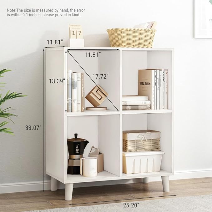 IOTXY Open Cube Low Bookcase - 2-Tier Freestanding Storage Display Cabinet Organizer with Legs for Home Office, 4-Cubes Open Shelf Short Bookshelf, White
