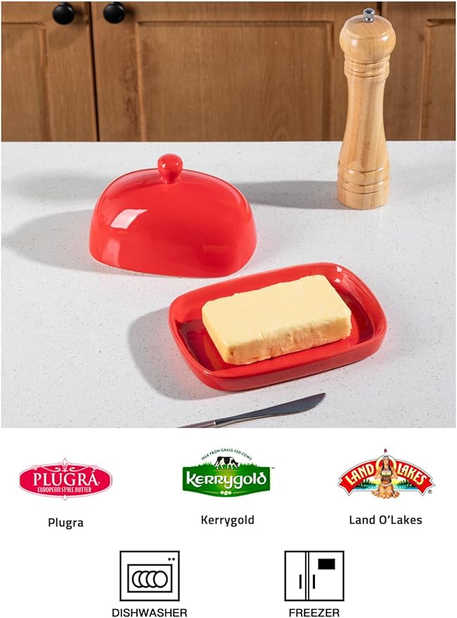 Sweejar Ceramic Butter Dish with Lid for Countertop,Porcelain Butter Keeper with Knob Handle,Butter Container for East/West Coast Butter, 7.3*4.1 inches (Red)