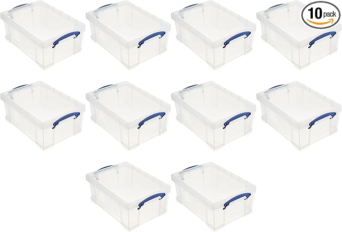Really Useful Box Stackable 9 Liter Plastic Storage Container Bin with Snap Lid & Built-In Clip Lock Handles for Home & Office Organization (10 Pack)