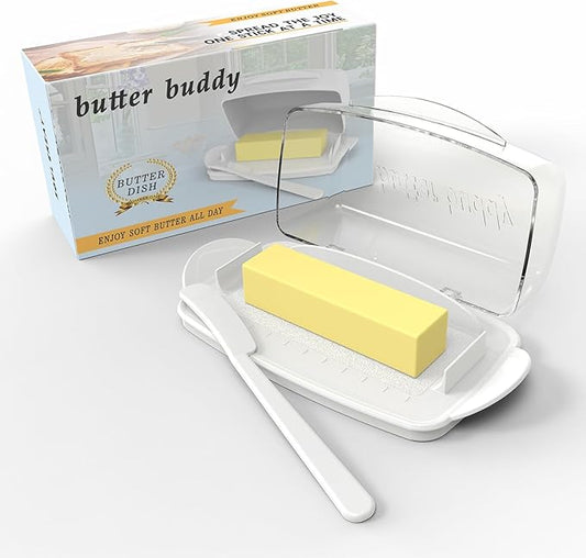 Butter Dish with Lid and Knife, Large Plastic Flip Top Butter Dishes Clear Hinged Lid, Easy Scooping Non-Slip Bottom