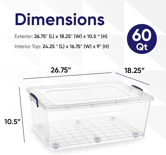 Superio Storage Bins with Lids, Clear Plastic Containers for Organizing, Stackable Totes, BPA Free, Odor Free, Organizer Boxes for Home, and Dorm (2 Pack, 60 Quart)