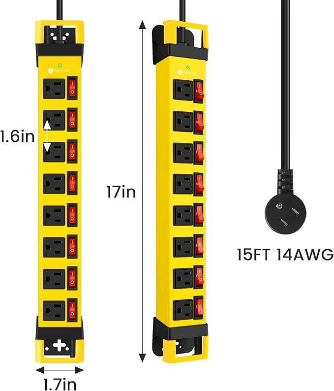 Heavy Duty Power Strip with Individual Switches,8 Outlets 14 Gauge Industrial Shop Garage Metal Multiple Outlets,1200J Surge Protector Mountable Power Strip,15FT Extension Cord Management (Yellow)