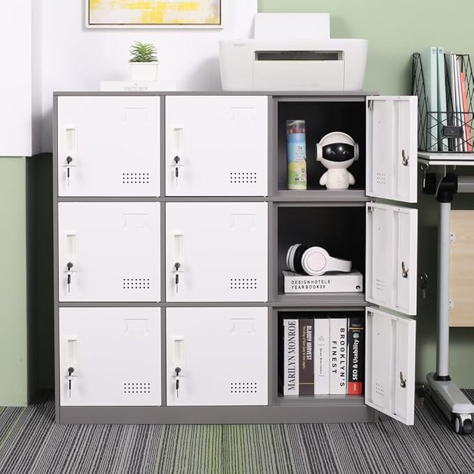 Metal Locker 9 Door Storage Cabinet, Steel Storage Lockers for Employees, Lockable Metal Cabinet with Lock and Ventilation, Office School Gym Storage Organizer