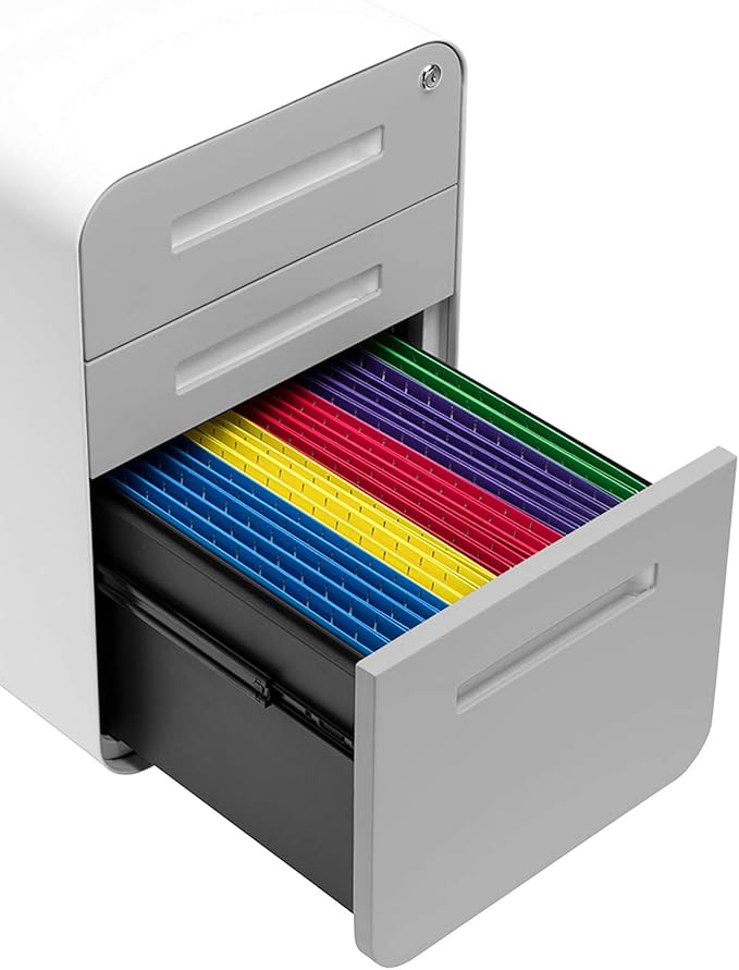 Laura Davidson Furniture Stockpile 3 Drawer File Cabinet with Lock - Under Office Desk Metal Filing Cabinet, Legal/Letter File Folders, Wheels and Stationary Feet, Pre-Assembled, Light Grey Faceplate