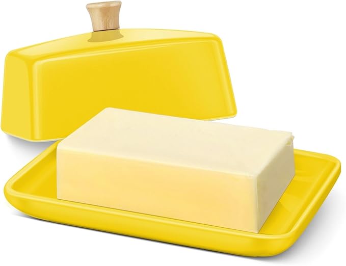 Flexzion Ceramic Yellow European Butter Dish with Lid for Countertop (7 Inch) - Wide 2 Stick Double Butter Holder for Counter, Cream Cheese Container Storage Keeper