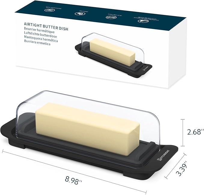 KITCHENDAO Airtight Butter Dish with Lid for Countertop and Refrigerator Door Shelf, Butter Keeper, Plastic Butter Holder Tray Container for West/East Coast Butter, Black