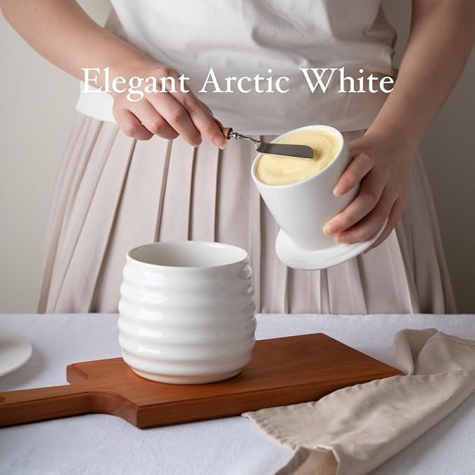 Butter Keeper Crock, 11 oz Large Ceramic Butter Dish with Lid, Holds 2-3 Sticks, Water Seal for Fresh Spreadable Butter, Easy-Grip Design & Wide Stable Lid, Arctic White