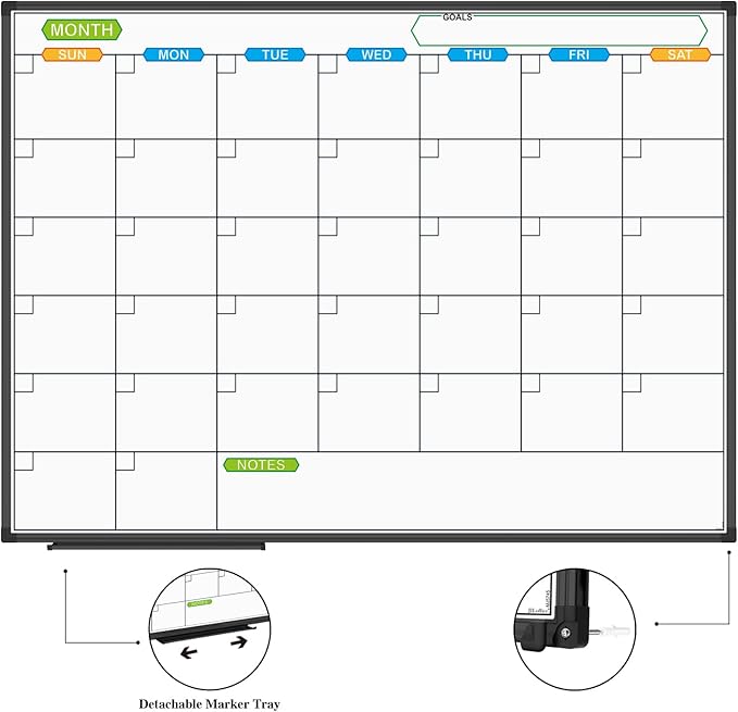 JILoffice Magnetic Dry Erase Calendar Whiteboard, 1 Month White Board Calendar Planner 48 X 36 Inch, Black Aluminum Frame Wall Mounted Board for Office Home and School
