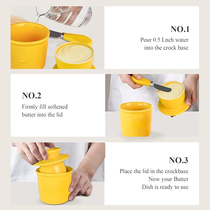 Ceramic Butter Crock with Lid & Spreader Knife, Butter Keeper - Ideal Butter Storage & Countertop Butter Dish, Yellow