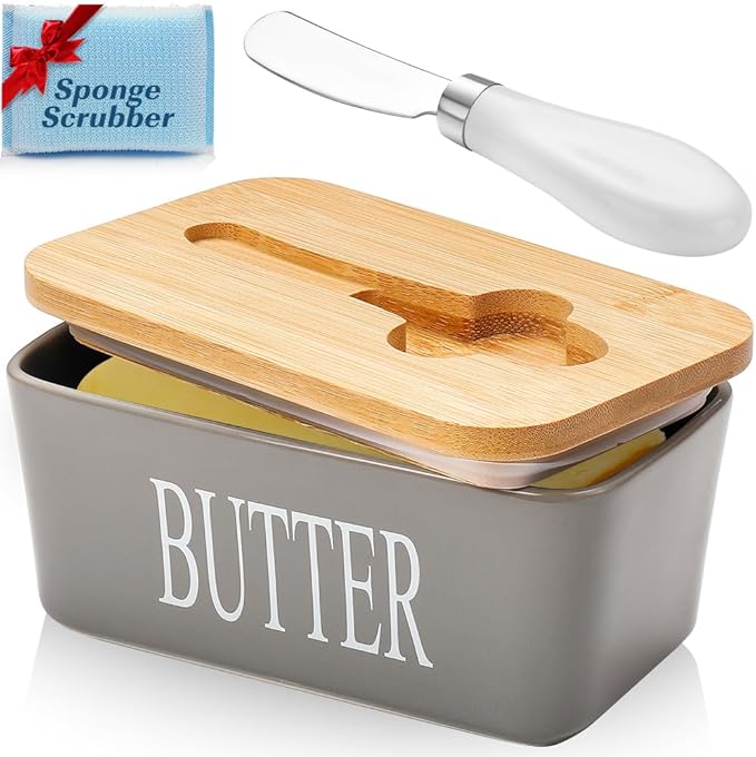 Butter Dish with Lid: Large Butter Container for Countertop - Ceramic Butter Holder for Counter - Butter Tray Butter Keeper with Knife and Sponge Scrubber - Perfect for 2 Sticks of Butter Grey