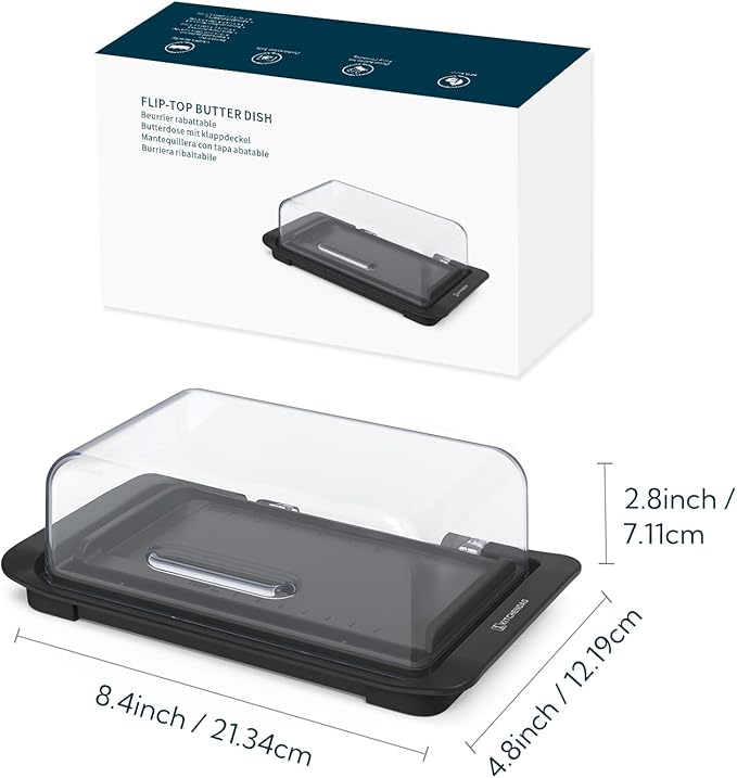 KITCHENDAO Airtight Flip-Top Butter Dish with Lid for Countertop and Refrigerator, Butter Keeper, Plastic Butter Holder Tray for 2 Sticks East Coast/West Coast/European Style/ Kerrygold Butter (Black)