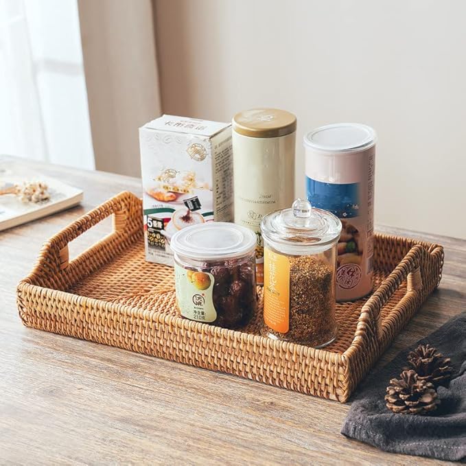 Hand-Woven Rattan Serving Tray with Handles for Breakfast, Drinks, Snack for Dining/Coffee Table (17 inch (43 cm), Rectangular)