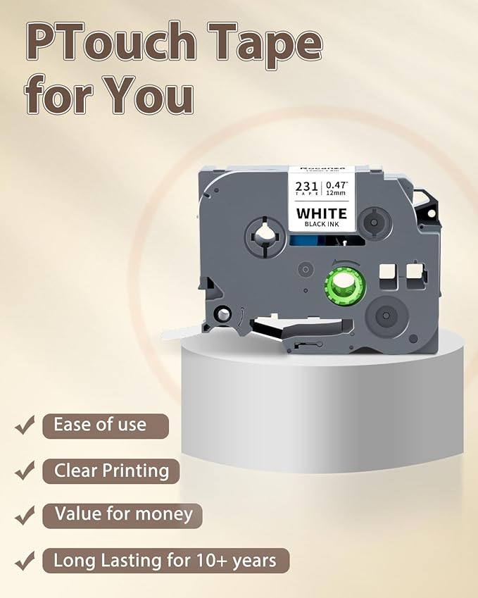 Replace for Brother Label Maker Tape TZe-231 TZe231 12mm 0.47 Laminated White Tz Tape Compatible with P Touch TZe 1/2" Black on White for PT-D220 D210 H110 D200 D400 1280 1880 D610BT Refills, 6-Pack