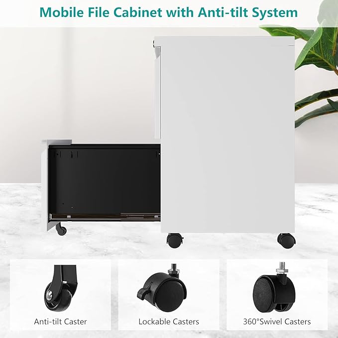 2 Drawer Mobile File Cabinet with Lock,Under Desk Filing Cabinet for Home Office, Metal Filing Cabinets on Wheels for Legal/Letter/A4 File, Assembled Required, White